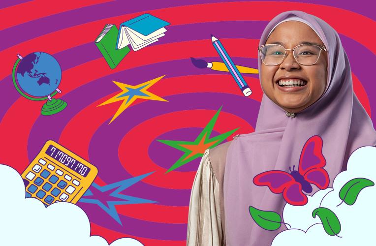 Education student Najma smiles against an illustrated background depicting a red and purple rings, books, pencils, a calculator and a butterfly.