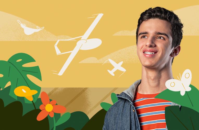 Engineering student Samuel smiles against an illustrated background depicting a plane flying above a jungle.