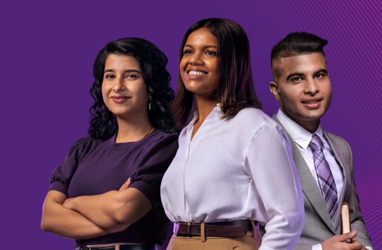 3 postgraduate students standing against purple background
