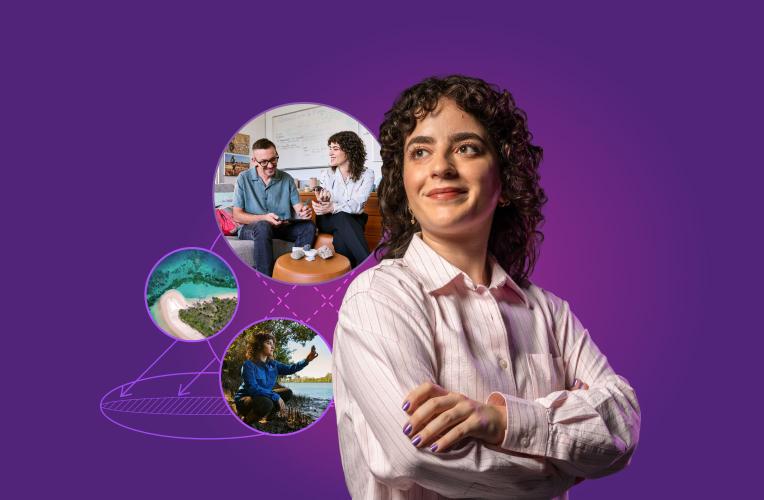 HDR student Bora stands against a background with circular graphics showing elements of her research.