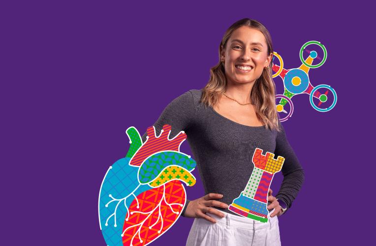 Student surrounded by a graphic of a heart, chess piece and drone