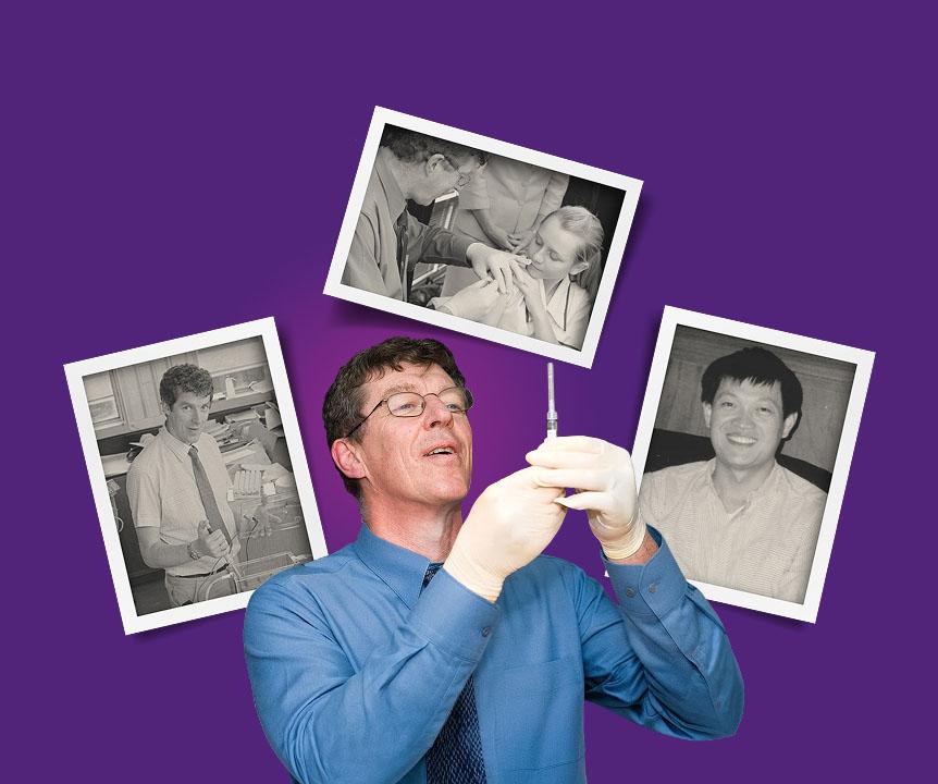Professor Ian Frazer holding the vaccine, surrounded by iconic moments in Gardasil's history