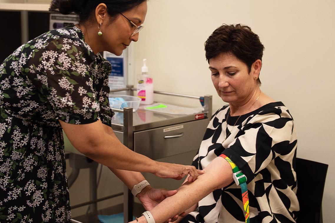 Ovarian cancer trial-participant Lisa Harrold getting a blood test.
