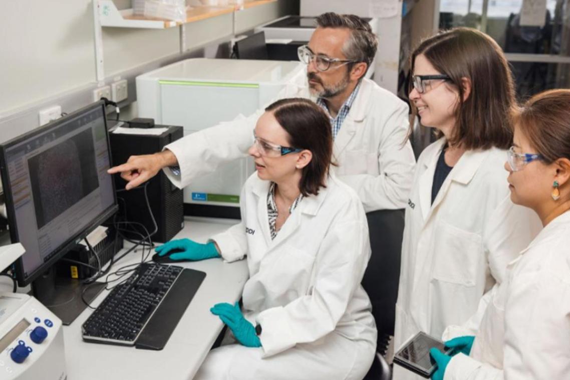 A team of researchers sitting around a computer analysing what's on the screen.