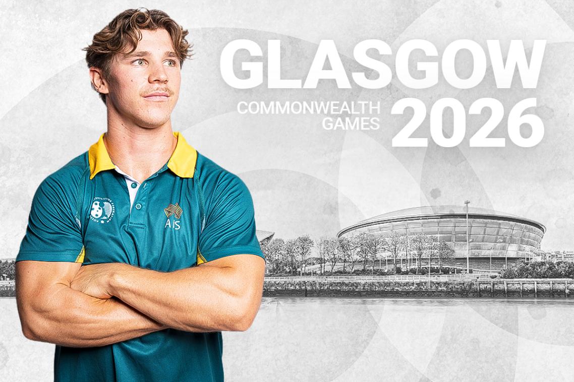 Etched picture of UQ student and Australian weightlifter Ryven Ewing with his arms folded, overlaid over an image of the Glasgow skyline.