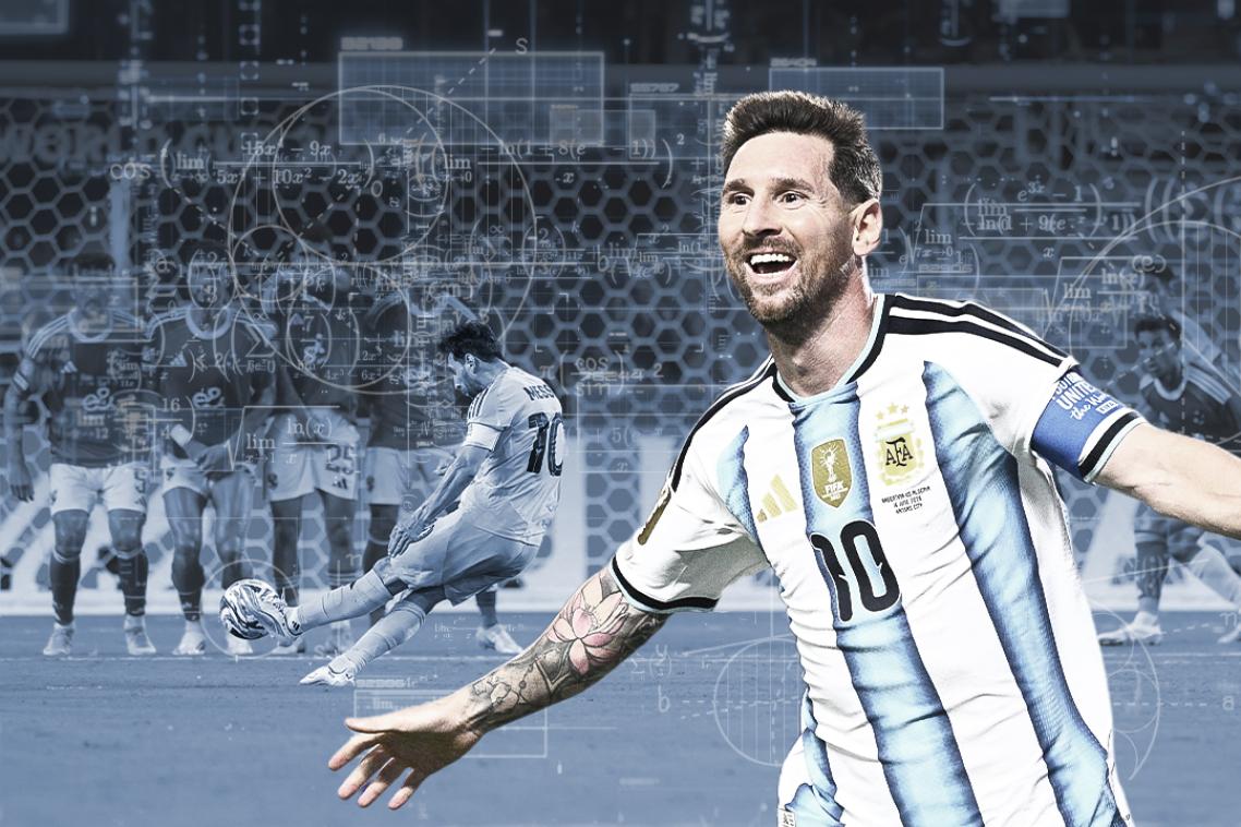 Argentinian soccer star Lionel Messi celebrates with outstretched arms after kicking a goal.
